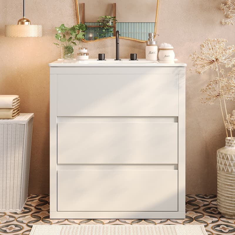 30" Freestanding Bathroom Vanity with Ceramic Sink - 2 Full-Extension Drawers, Soft-Close Slides & 45° Handle-Free Design - White