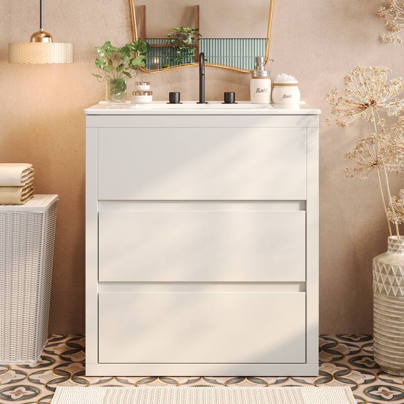 Compact 30" Bathroom Vanity Set - Ceramic Vessel Sink & 2 Soft-Close Drawers, Freestanding Design with 45° Handle-Free Cabinetry