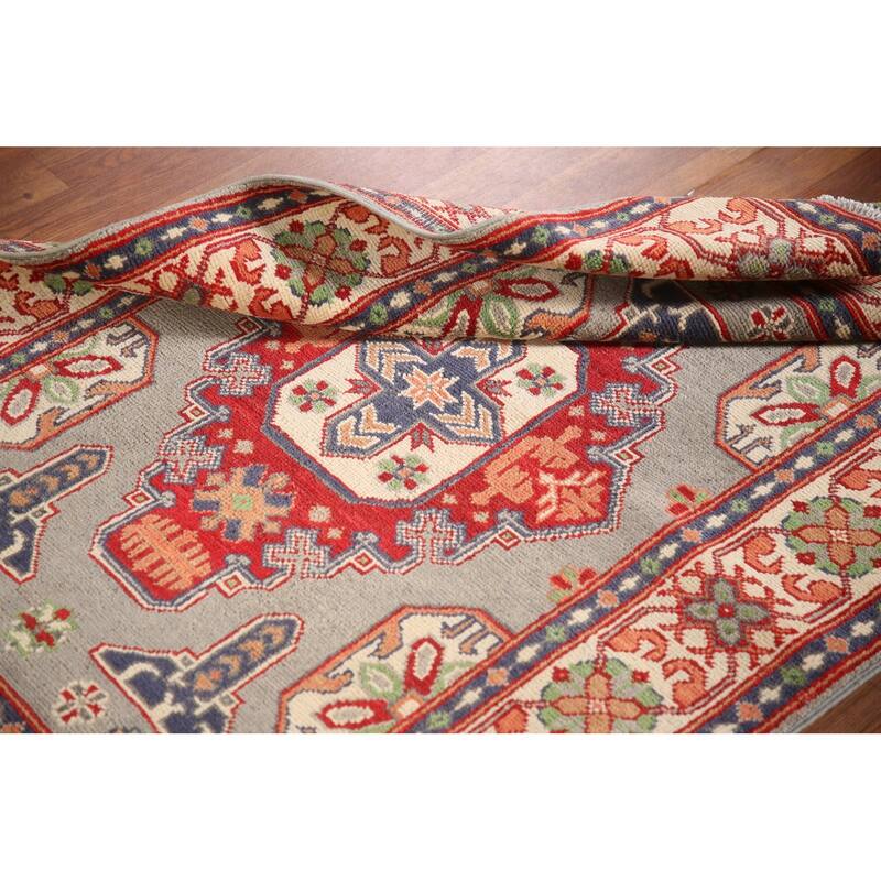 Geometric Kazak Rug Hand-Knotted Grey Wool Carpet - 3'3"x 4'10"