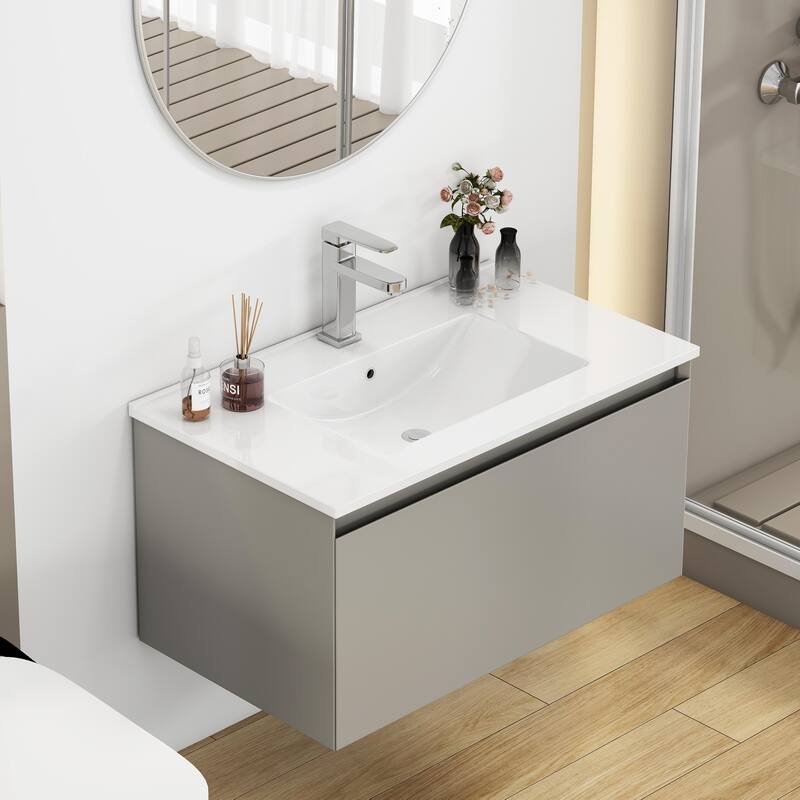 Wall-Mounted Bathroom Vanity, Floating Single Drawer Cabinet, 32 Inch Integrated Ceramic Sink