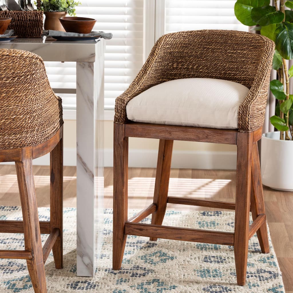 Jasper Seagrass Counter Stool with Mahogany Wood Frame - Coastal Seating with Woven Wingback and Cushioned Seat for Kitchen