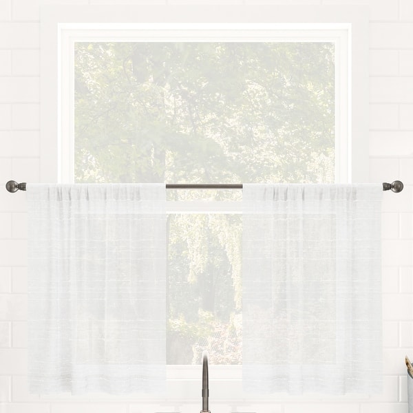 slide 2 of 9, Clean Window Textured Slub Stripe Anti-Dust Linen Blend Sheer Cafe Curtain Pair White - 52" x 24"