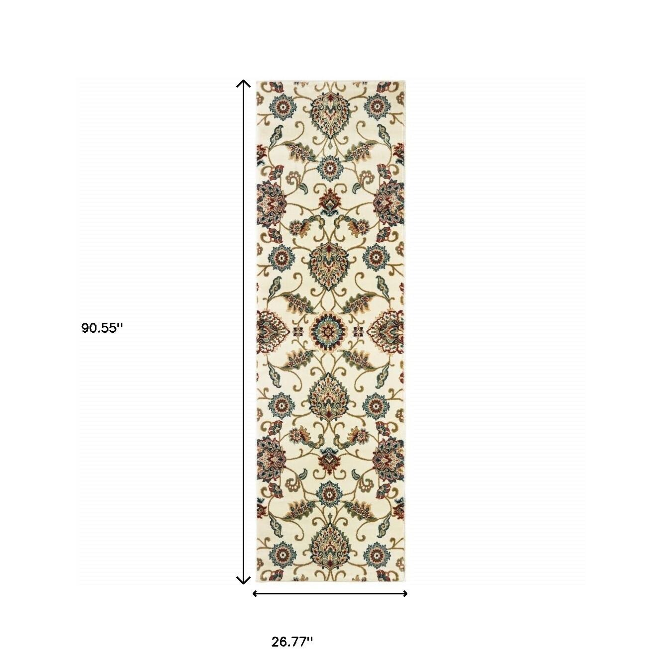 HomeRoots 2' X 8' Ivory Floral Power Loom Stain Resistant Runner Rug