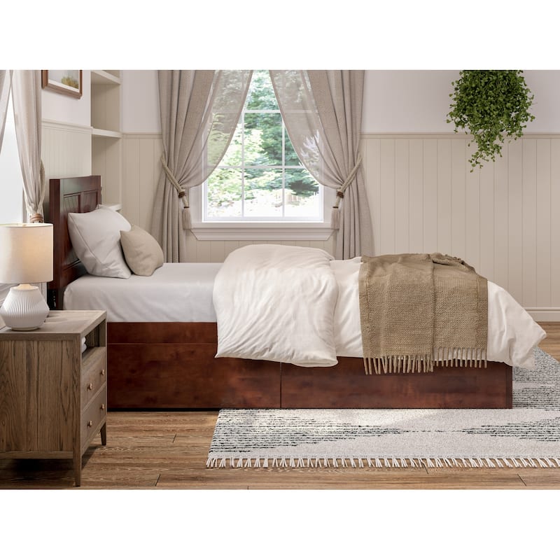 Twin XL Platform Bed with Footboard & Drawers - Walnut Finish, Modern Bedroom Furniture