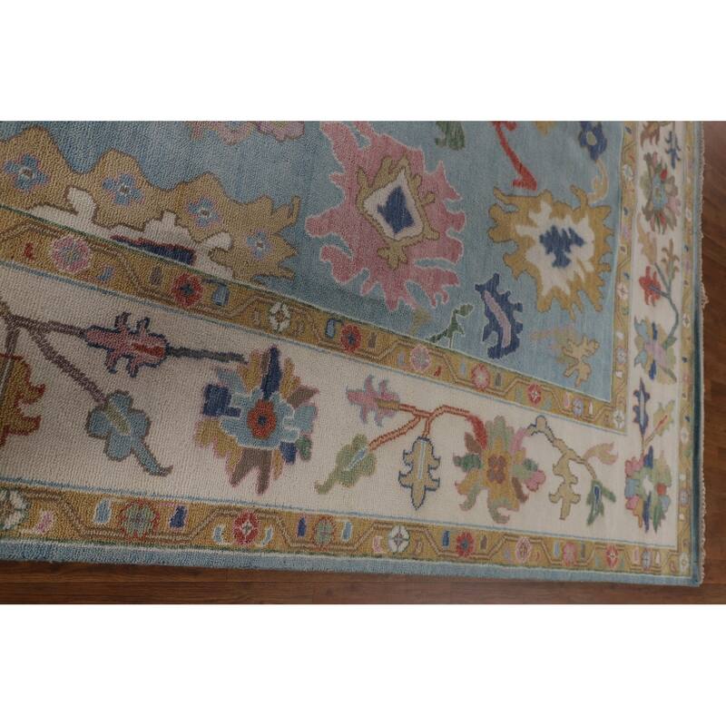 Light Blue Floral Oushak Oriental Area Rug Handmade Wool Carpet - 9'0"x 11'9"