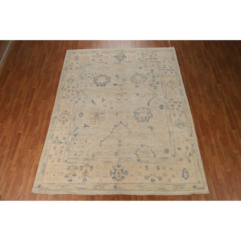 Floral Beige Vegetable Dye Oushak Turkish Rug Hand-Knotted Wool Carpet - 8'1"x 10'2"