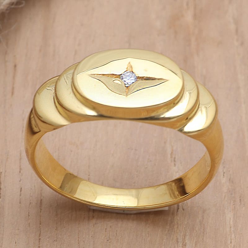 Novica Handmade Oval Cross Gold-Plated Cubic Zirconia Cocktail Ring