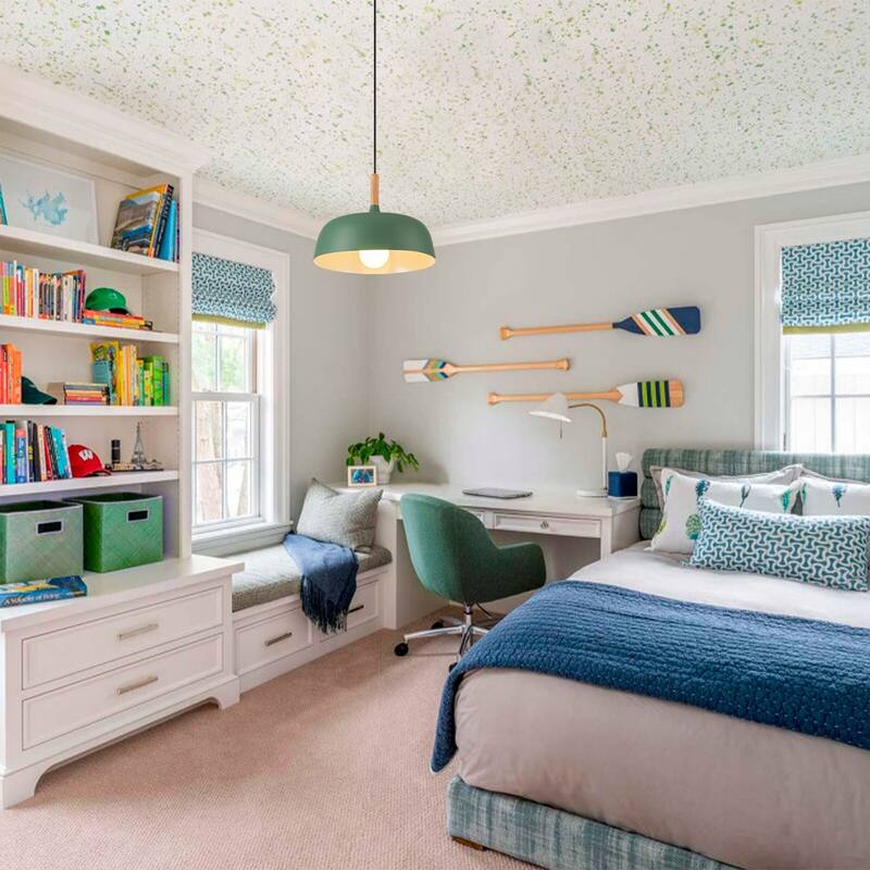 Modern 1-Light Green Dome Pendant Light with Decorative Wood Accent