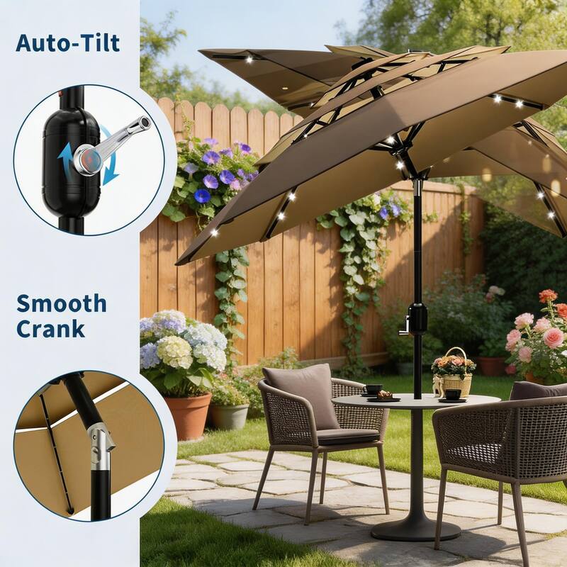 3-Tier Solar Patio Umbrella, with LED Lights and Vents