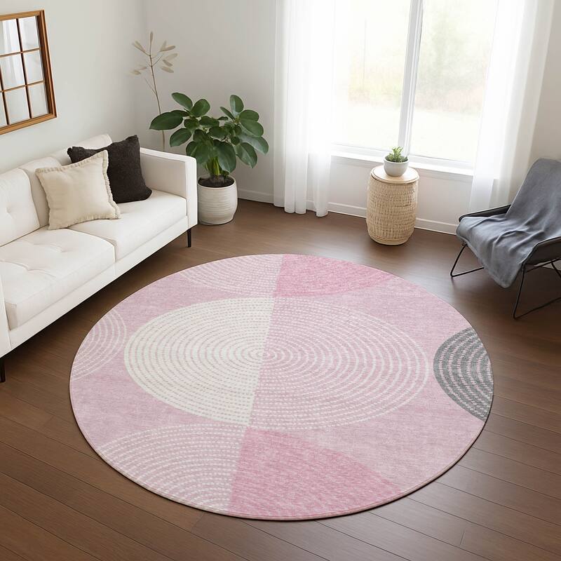 Machine Washable Indoor/ Outdoor Casual Circles Chantille Rug