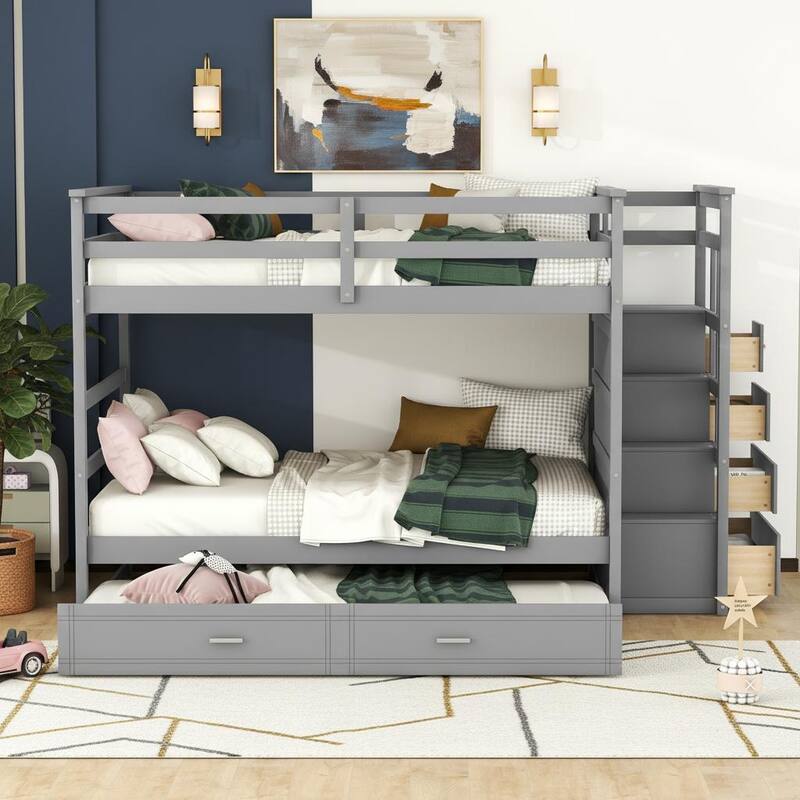Full-Over-Full Staircase Bunk Bed with Pull-Out Twin Trundle and 4-Drawer Storage by Harper&Bright Designs