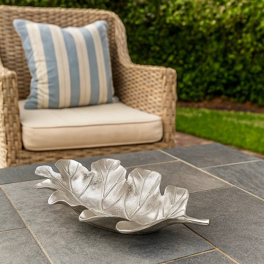 22 Inch Modern Decorative Tray, Oak Leaf Design Striking Silver Metal Frame