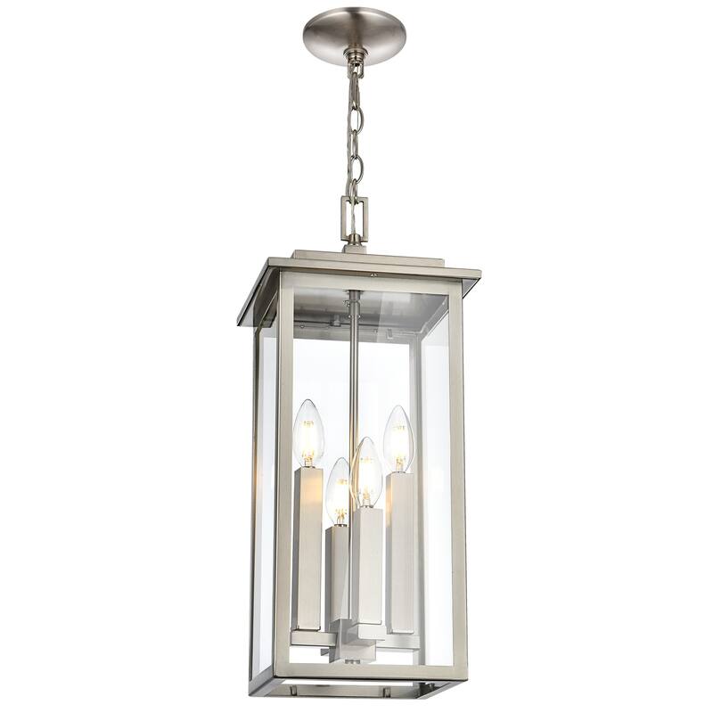 Farmhouse Outdoor Pendant Light Fixutre with Clear Glass - 4-light - Brushed Nickel