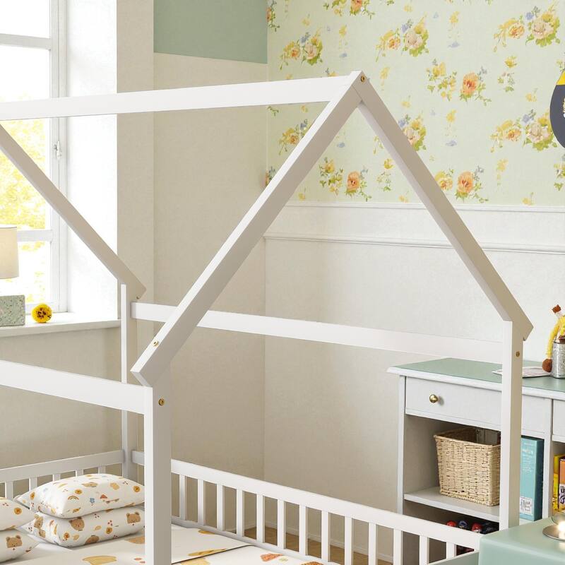 Full Size House Floor Bed with Roof Frame and Guardrails, Solid Wood Montessori Bed for Kids with Fence Design