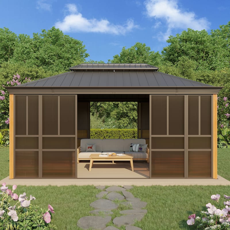 Erommy Outdoor Solarium Sunroom, Patio Hardtop Gazebo, Aluminum Frame Permanent Gazebo with Sliding Doors and Screens