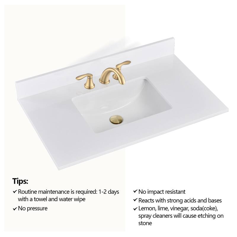 PROOX 36 inch Culture Marble Bath Solid White Vanity top with Rectangular Undermount Sink