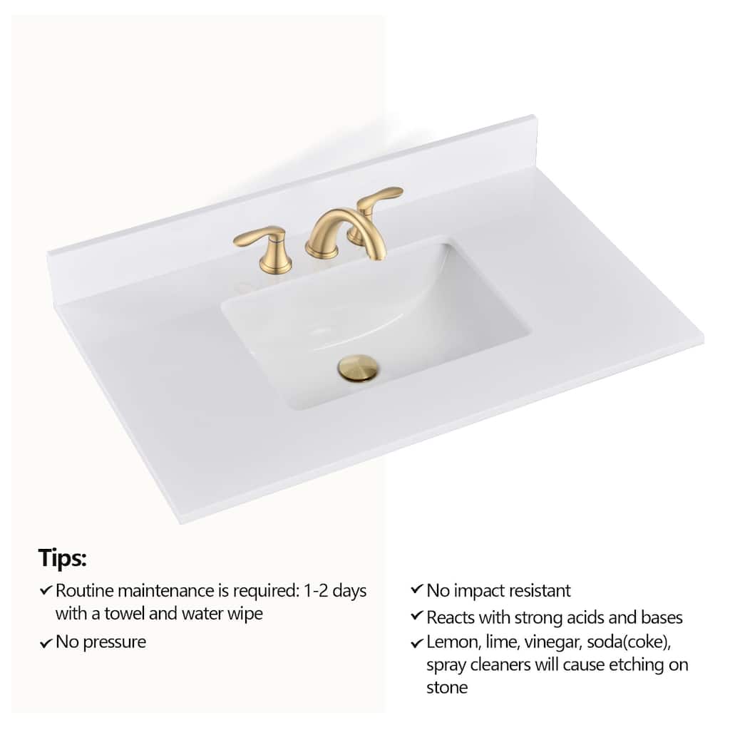 PROOX 36 inch Culture Marble Bath Solid White Vanity top with Rectangular Undermount Sink