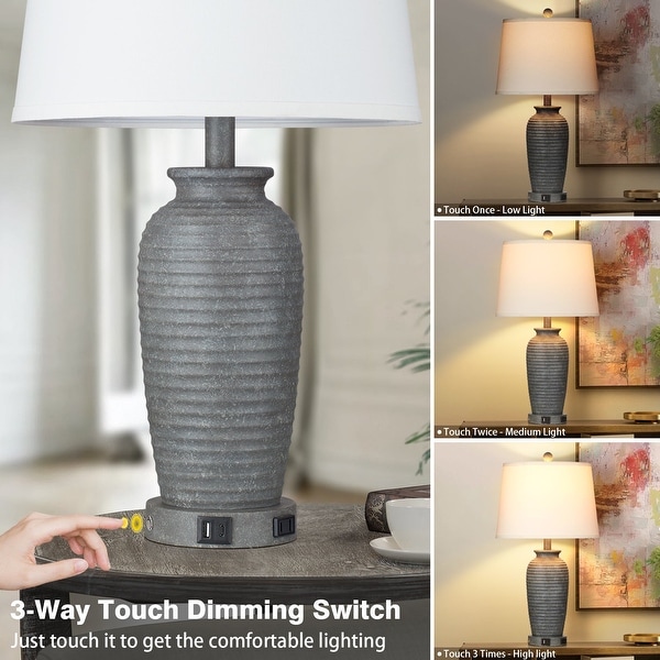 Table Lamp Gray White Resin Touch Dimming Switch USB and Type C Charging Ports No Strobe Set of 2 13 x 13 x 24.5 L x W x H