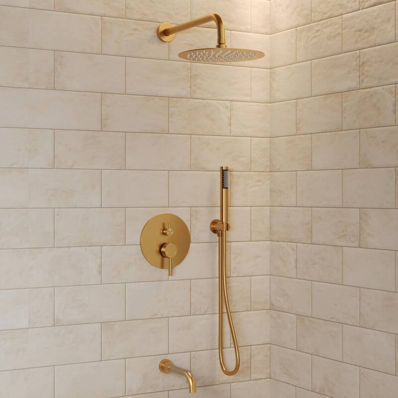GRANDJOY 3-Function Bathroom Shower System with Rainfall Head, Handheld Unit, and Tub Spout - Brushed Gold