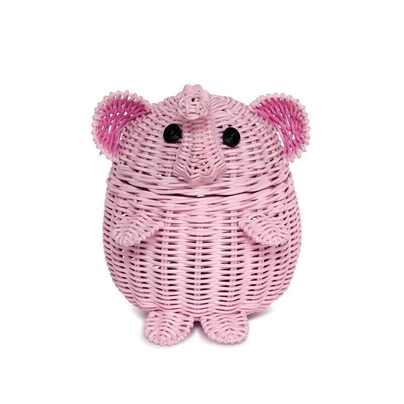 Pink Elephant Rattan Storage Basket With Lid Hand Woven Shelf Organizer Cute Handmade Gift Wicker