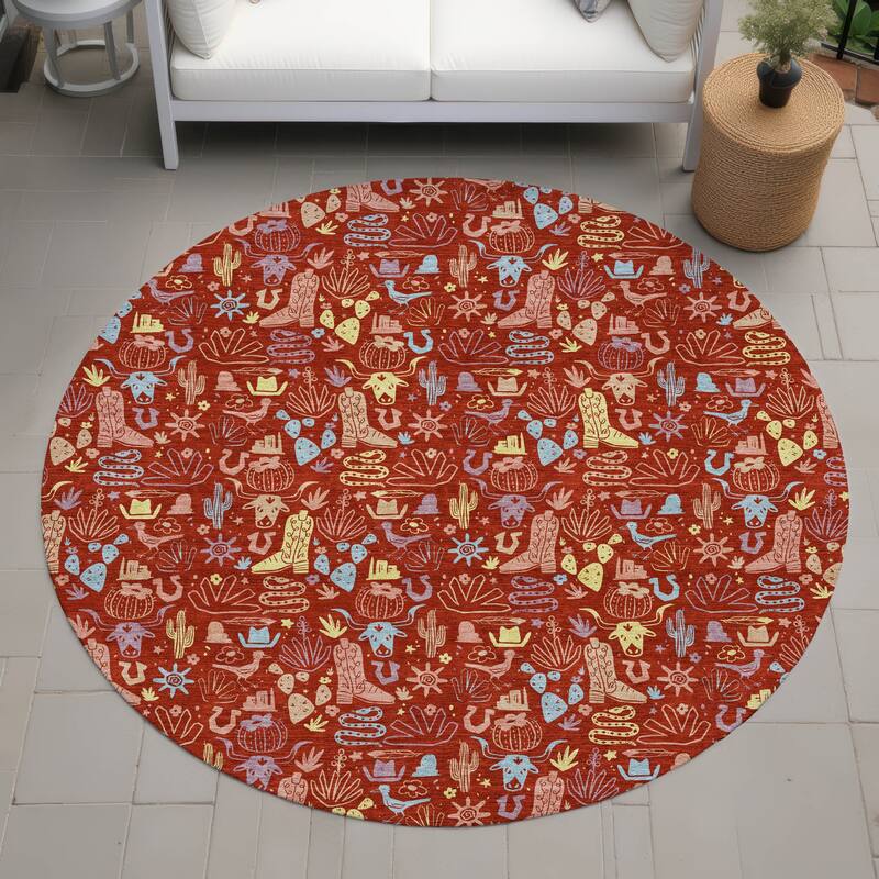 Machine Washable Indoor/ Outdoor Cowboy Dallas Chantille Rug - Red - 8' x 8'