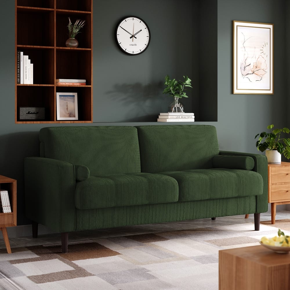 Modern Corduroy Upholstered 2 Seater Sofa with Bolster Pillows