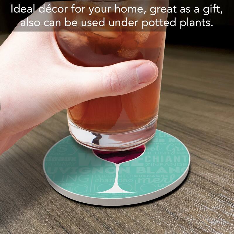 Wine Glass Heart 4 Pack Absorbent Stone Coaster with Protective Cork Backing Made in The USA 4" Round, Easily Wipes Clean
