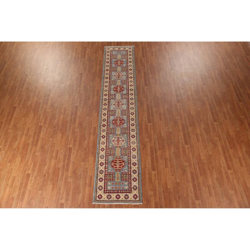 Light Blue Kazak Runner Rug Hand-Knotted Oriental Wool Carpet - 2'7" x 13'0"