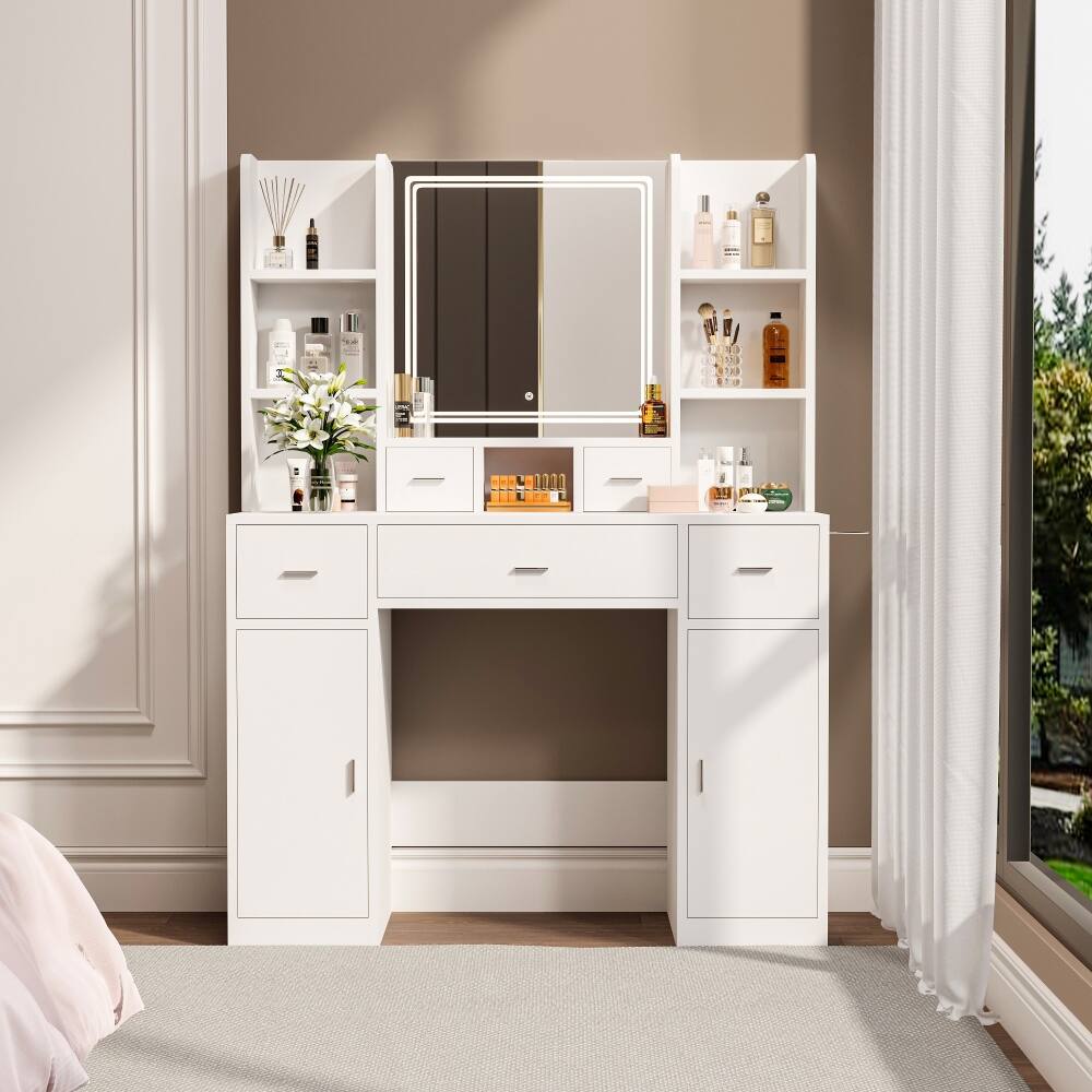 41'' White Dressing Table with Mirror, Drawers and Storage for