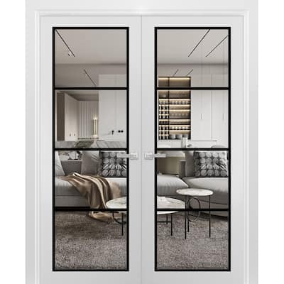 Solid French Double Doors 36 x 80 Lucia 2466 White Silk Clear Glass