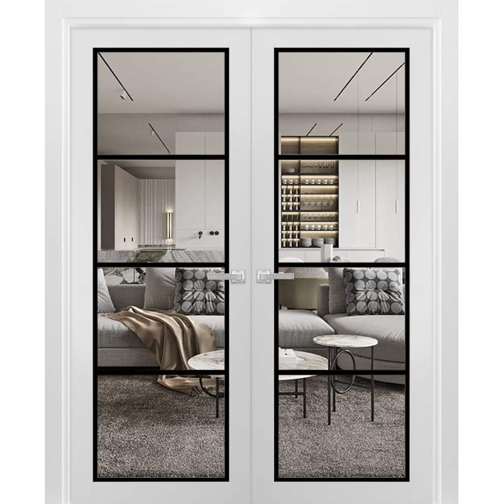 Solid French Double Doors 36 x 80 Lucia 2466 White Silk Clear Glass