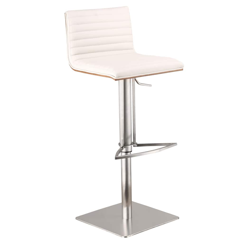 Adjustable Modern Barstool with Walnut Accent, White PU Leather Seat, Swivel Counter Height Kitchen Stool