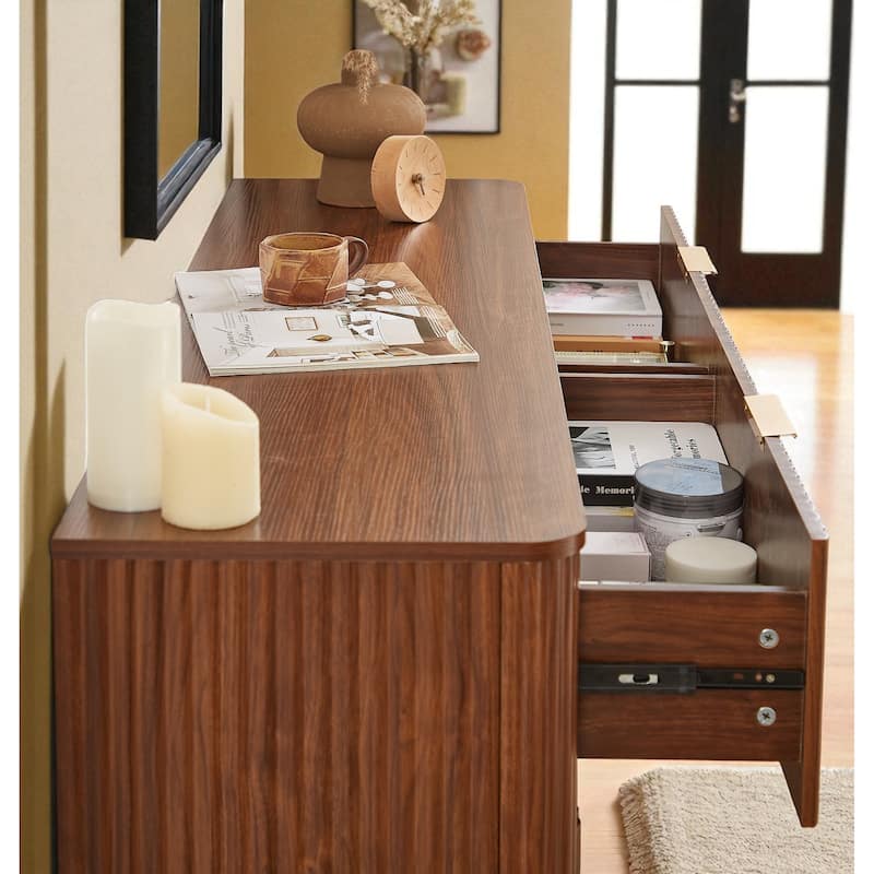 Modern 6 Drawer Dresser with Wave Front Design, Wide Storage Chest and TV Stand, 55" Wooden Organizer Cabinet