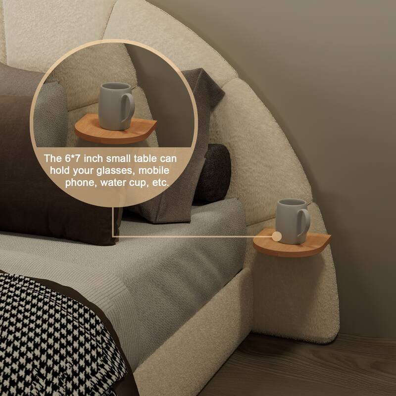 Queen Size Arched Boucle Bed with Side Table, Beige