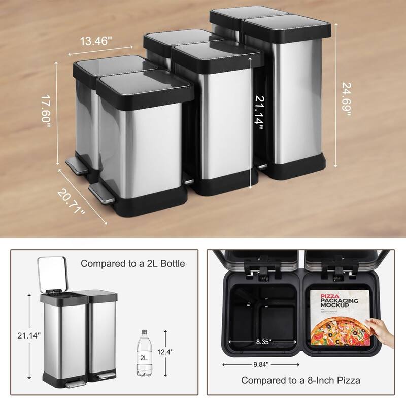 Large Capcity Dual Trash and Recycling Bin, Fingerprint Proof Stainless Steel Kitchen Garbage Can