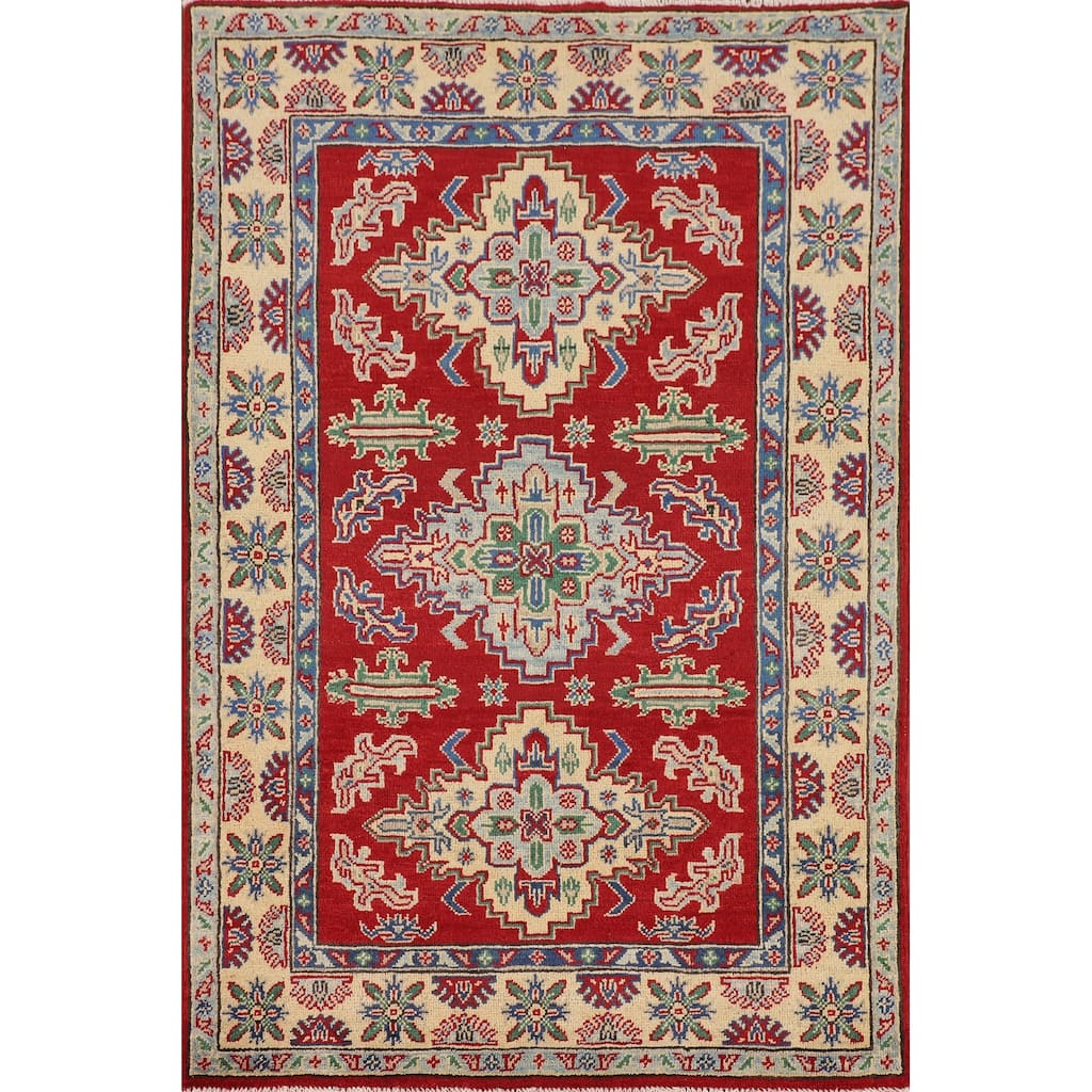 Red Geometric Kazak Foyer Rug Hand-Knotted Oriental Wool Carpet - 3'5" x 5'2"