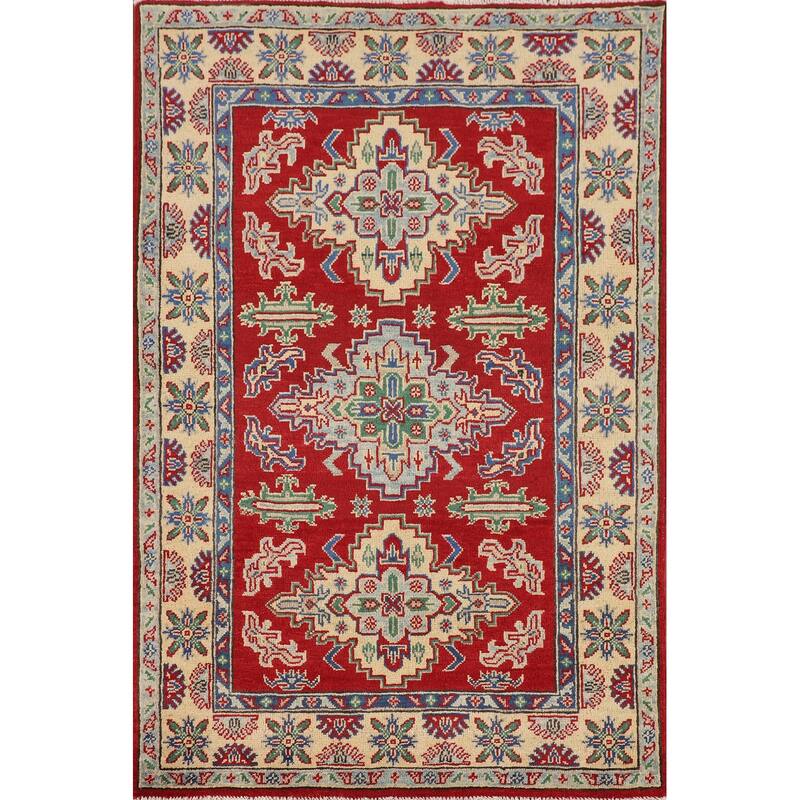 Red Geometric Kazak Foyer Rug Hand-Knotted Oriental Wool Carpet - 3'5" x 5'2"