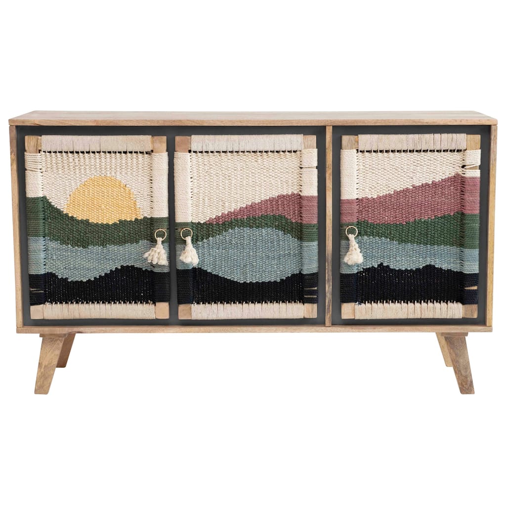 Console with 2 Shelves, 3-Panel Sunset Scene Woven Rope Doors