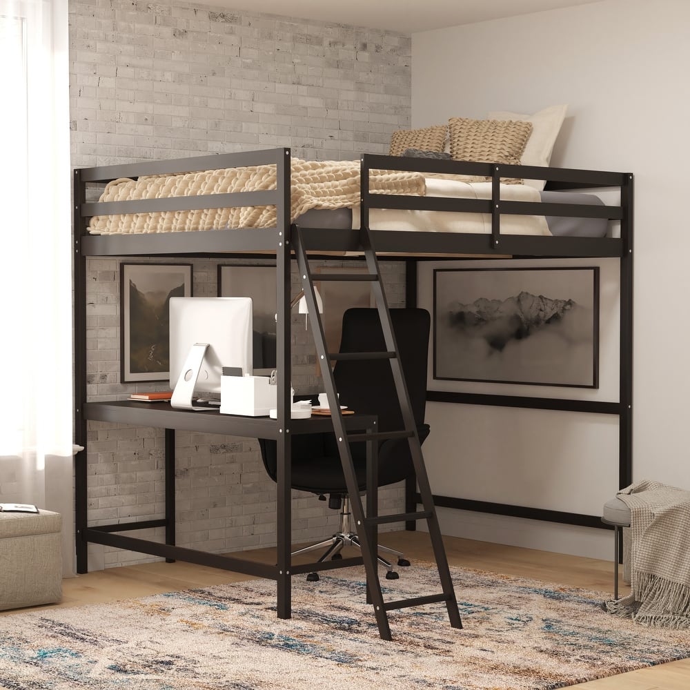 Traditional Wood Slat Loft Bed with Integrated Desk & Ladder