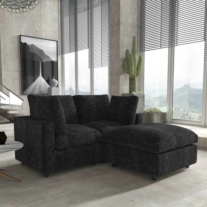 Modern Loveseat Couch with Ottoman Chenille Modular Sectional Sofa Removable Cover, Spring Cushions, Solid Wood Frame - Black