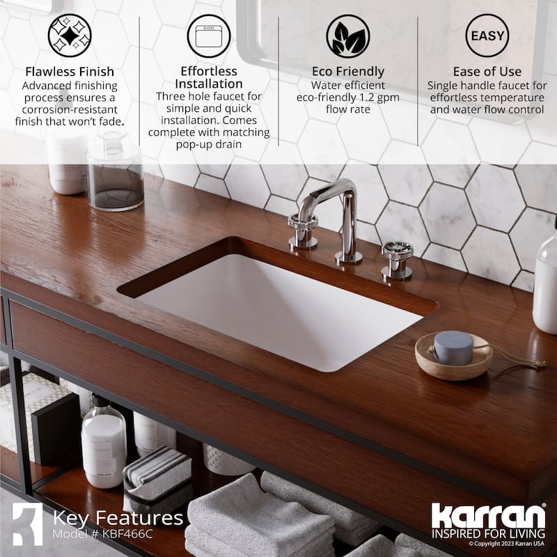 Karran Tryst KBF466 Wheel 2-Handle Three Hole Widespread Bathroom Faucet with Matching Pop-up Drain