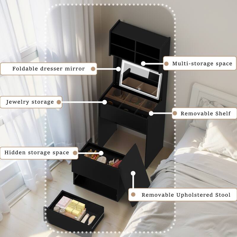 Makeup Vanity Table with Flip Top LED Illuminated Mirror & Stool