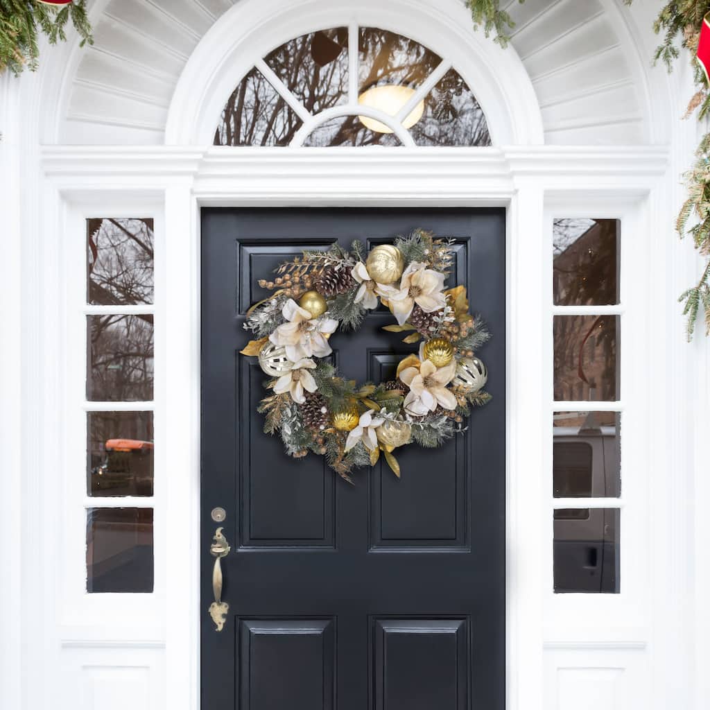 SAFAVIEH Home Faux 28-inch Needle Pine Wreath With White Poinsettias & Gold Accents
