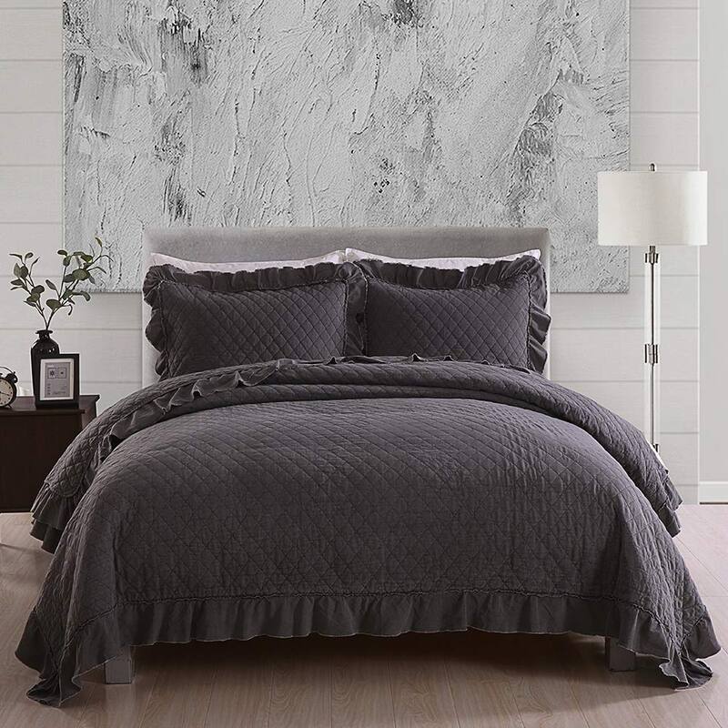 3 Piece Ruffle Quilt Set Lightweight Bedspreads Coverlet - Dark Grey - Queen