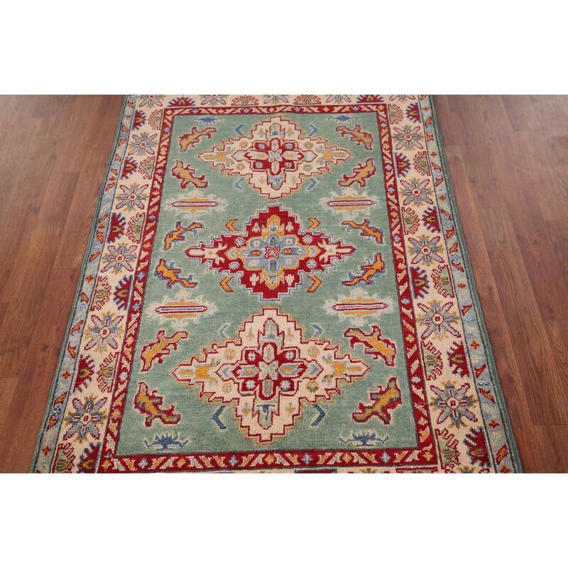 Light Green Kazak Accent Rug Handmade Wool Carpet - 3'5" x 4'11"