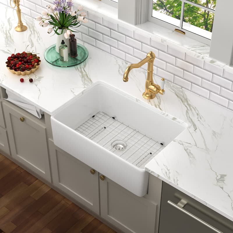 Kichae 30 Inch Ceramic Sink Farmhouse White Apron Front Kitchen Sink - 30 in.W x 20 in.D x 10 in.H