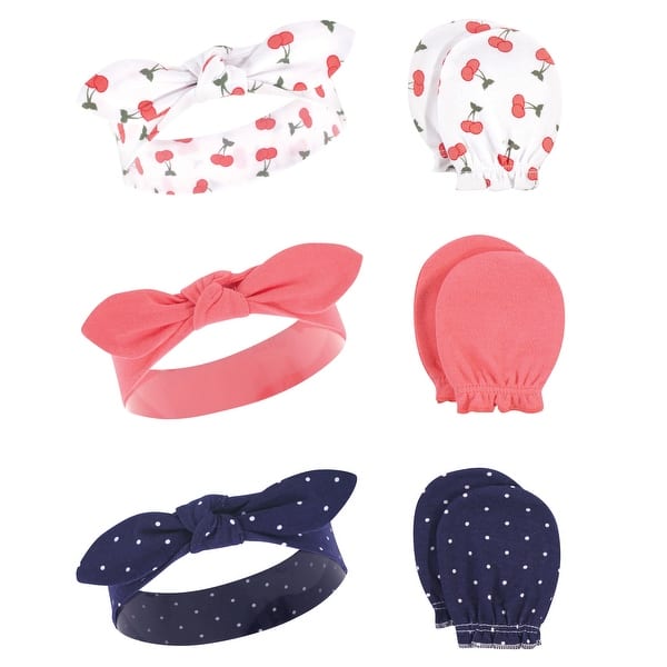 slide 1 of 1, Hudson Baby Infant Girl Cotton Headband and Scratch Mitten 6pc Set, Cherries, 0-6 Months - Cherries Cherries - 0-6 Months