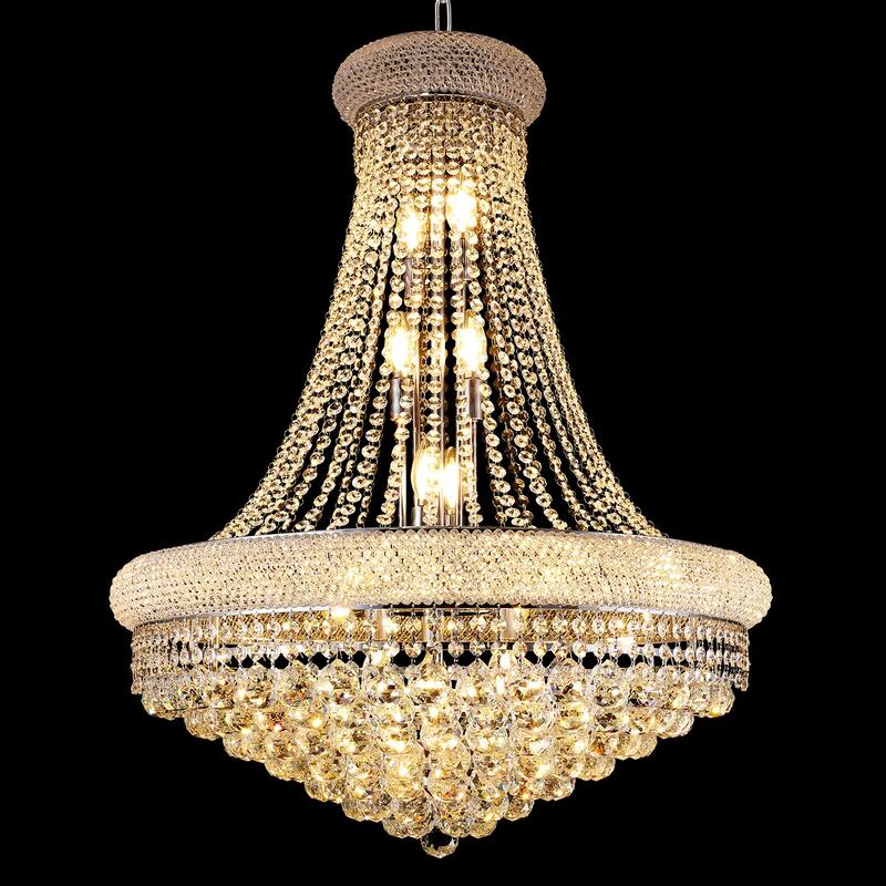 28" Chrome Crystal Chandelier, French Empire Style, 15-Light Fixture w/K9 Crystals for Dining Room or Bedroom - Chrome