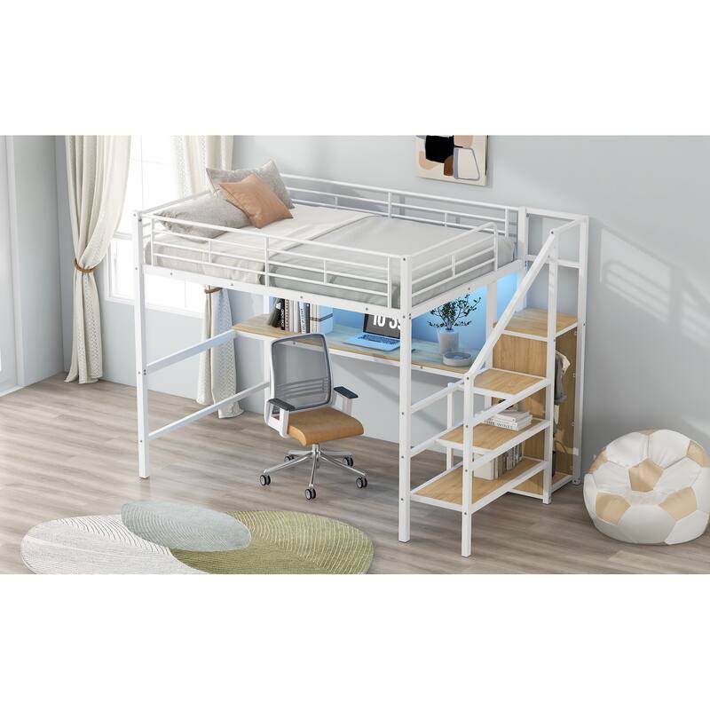 Full Size Loft Bed w/Desk,Storage Staircase,Small Wardrobe,LED Light