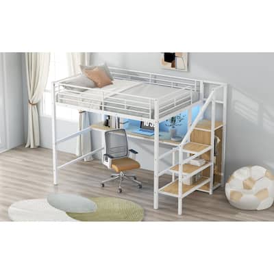 Full Size Metal Loft Bed With Desk, Storage Staircase, Small Wardrobe And Led Light